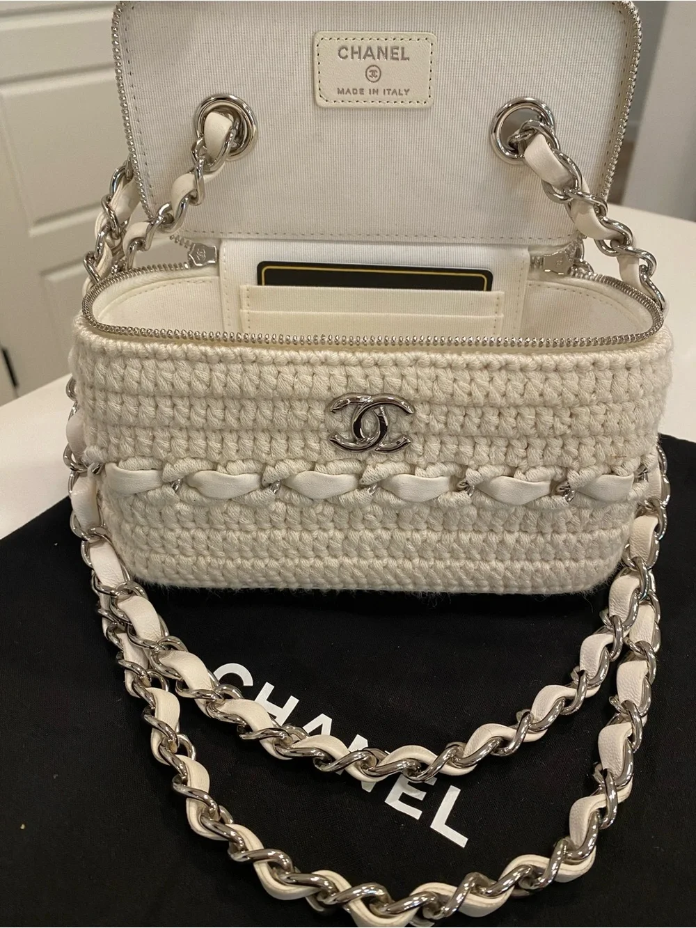 CHANEL Lambskin Crochet Quilted Small Vanity Case With Chain White